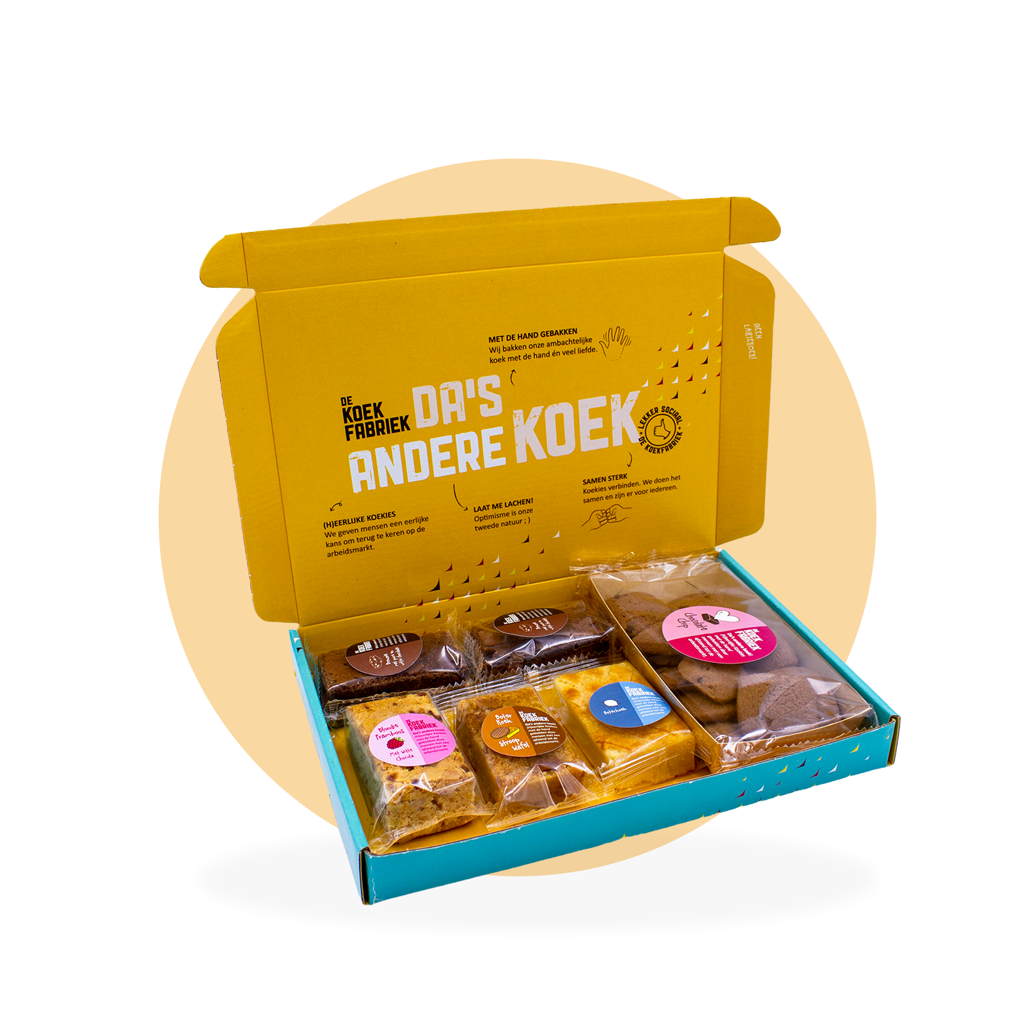 BRIEVENBUSDOOSJE BLONDIE, BROWNIE, BOTERKOEK, BOTERKOEK STROOPWAFEL EN TRAY CHOCOLATE-CHIP